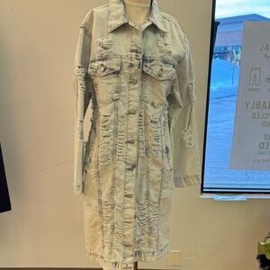 Thrill Jeans Distressed Denim Duster Jacket | Size L | NWT